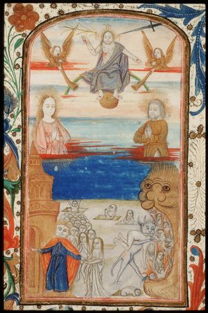 The Last Judgement: Christ on a rainbow with Mary and St. John, the blessed in heaven, the damned in hell