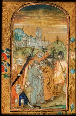 The arrest of Christ: the kiss of Judas; the ear of Malchus cut off by St. Peter