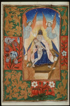 The Trinity: God the Father holding the body of Christ (Not Gottes), with four angels, two of them holding Instruments of the Passion: crown of thorns, three nails and cross
