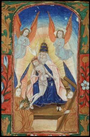 The Trinity: God the Father holding the body of Christ (Not Gottes), with four angels, two of them holding Instruments of the Passion: crown of thorns, three nails and cross