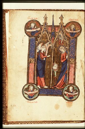 The Annunciation: Gabriel announces Christ's birth to Mary; David; Isaiah; Jeremiah; Daniel