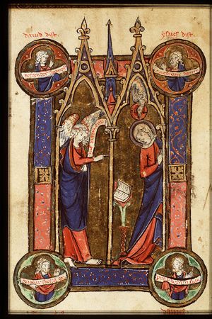 The Annunciation: Gabriel announces Christ's birth to Mary; David; Isaiah; Jeremiah; Daniel