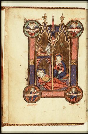 The Nativity; two angels; Isaiah; David