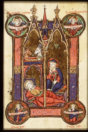 The Nativity; two angels; Isaiah; David