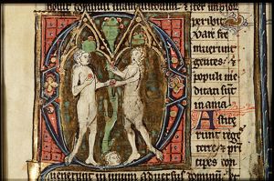 The fall of man: Eve simultaneously offers some of the fruit to Adam and takes some more from the Tree of Knowledge of Good and Evil