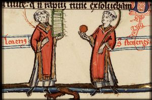 St. Laurence of Rome holding a palm and a gridiron and St. Stephen of Rome holding a stone and a palm