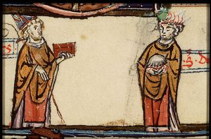 St. Lambert, Bishop of Maastricht, holding a staff and a book and St. Denis (Dionysius) of Paris holding the top of his severed head