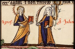 St. Agnes of Rome holding a palm and a book and St. Juliana of Nicomedia holding a palm and a book
