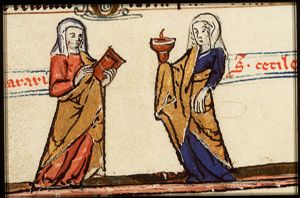 St. Margaret of Antioch holding a book and St. Cecilia of Rome holding an oil-lamp