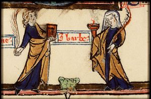St. Lucy of Syracuse holding a palm and a book and St. Barbara holding a torch and a palm