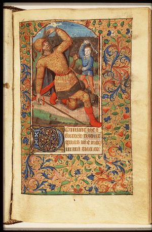 David and Goliath: David kills Goliath with a stone from his sling