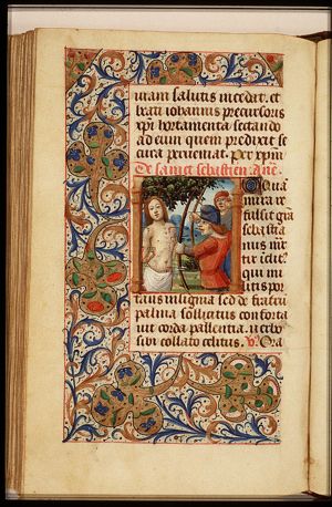 The martyrdom of St. Sebastian: tied to a tree, he is pierced by arrows