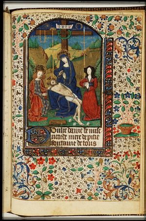 Pietà: Mary mourning the dead Christ together with St. John and female donor(?)