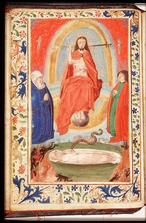 The Last Judgement: Christ on a rainbow with Mary and St. John; trumpeting angels