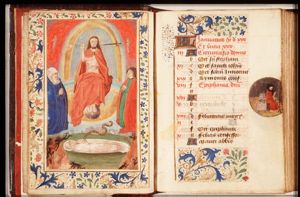 The Last Judgement: Christ on a rainbow with Mary and St. John; trumpeting angels