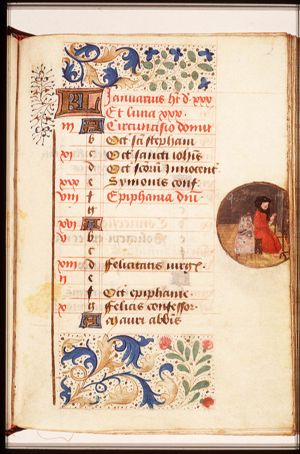 January: a man warming himself (at a fire)