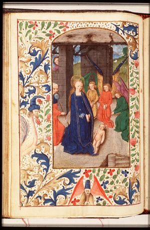 The Nativity: the adoration of the Christ-child by Mary, St. Joseph, and angels