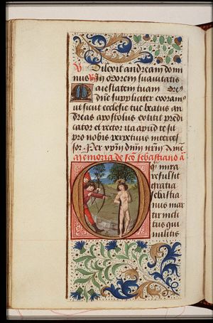 The martyrdom of St. Sebastian: tied to a tree, he is pierced by arrows