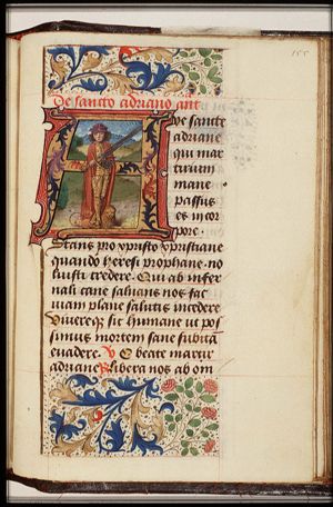 St. Adrian of Nicomedia holding a sword and an anvil, standing on a lion