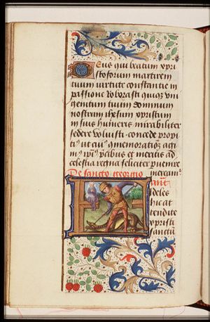 St. George on foot, fighting the dragon; the princess nearby, praying