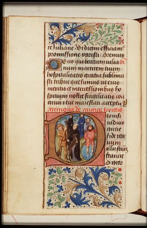 St. George fighting the dragon, St. Christopher carries the Christ-child, St. Blaise (Blasius) with iron comb(?), St. Aegidius (Giles) with an arrow in his hand, a hind leaning against him, and St. Denis (Dionysius) of Paris