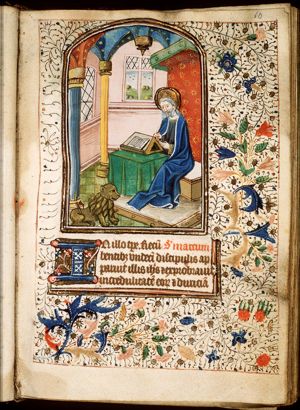 The Evangelist St. Mark writing, with his symbol the lion