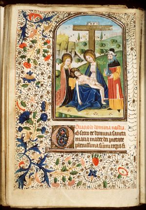 Lamentation: the dead Christ lamented by Mary, St. John and Joseph of Arimathaea(?)