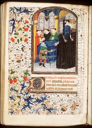A funeral service in a church, with a beggar asking for alms