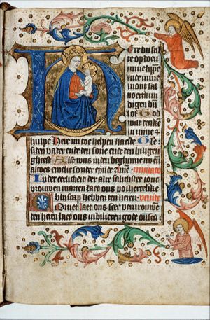 Madonna: Mary <standing> on the crescent, holding the Christ-child