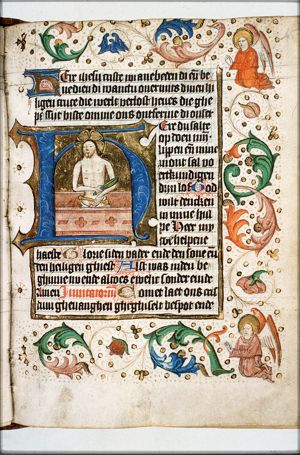 Man of Sorrows: Christ in his tomb, holding scourge and reed