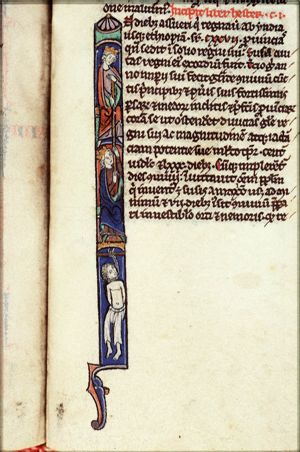 Esther touches Ahasuerus' sceptre; Haman on the gallows