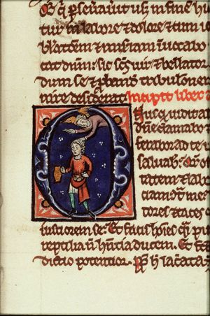 The prophet Habakkuk is carried by his hair by an angel
