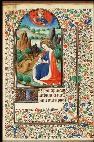 The Evangelist St. John with his symbol the eagle on Patmos, the devil stealing the ink-well