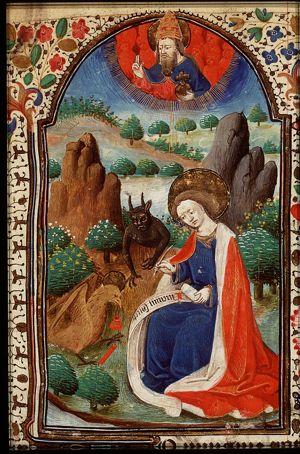 The Evangelist St. John with his symbol the eagle on Patmos, the devil stealing the ink-well