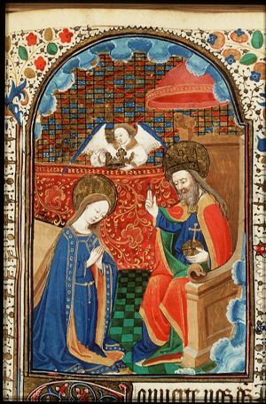 The coronation of Mary by an angel before God enthroned in heaven