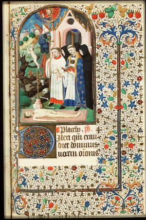 A burial on a graveyard, with an angel and devils fighting over the soul
