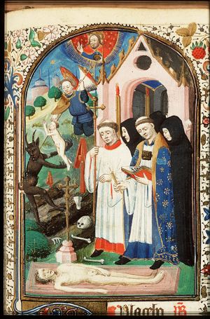 A burial on a graveyard, with an angel and devils fighting over the soul