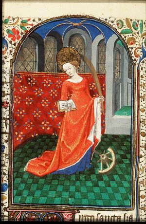 St. Catherine of Alexandria holding a book and a palm, with a wheel at her feet