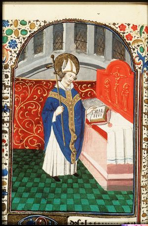 St. Claudius, Bishop of Besançon, holding a crozier before an altar with a book