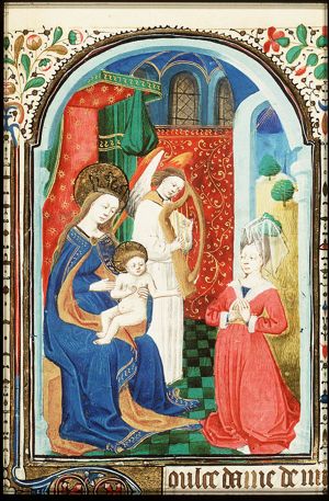 Madonna: Mary enthroned, holding the Christ-child with kneeling female donor(?)