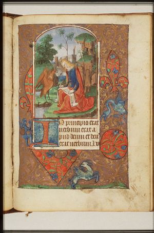 The Evangelist St. John writing on the island of Patmos, with his symbol the eagle