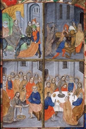 The Entry into Jerusalem: Christ enters the city-gate on an ass