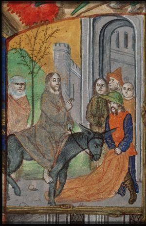The Entry into Jerusalem: Christ enters the city-gate on an ass