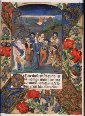 The arrest of Christ, the ear of Malchus cut off by St. Peter; the Agony in the Garden: Christ prays in Gethsemane (background)