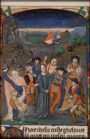 The arrest of Christ, the ear of Malchus cut off by St. Peter; the Agony in the Garden: Christ prays in Gethsemane (background)