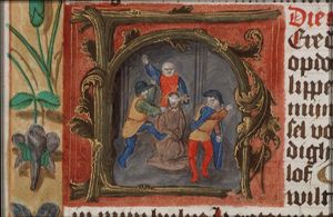 The tortures of Christ: the blindfolded Christ is mocked by soldiers