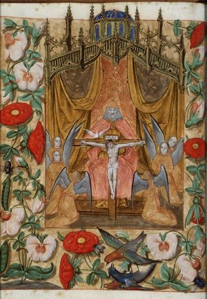 The Trinity: God the Father holding the crucifix: Mercy-Seat with angels