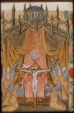 The Trinity: God the Father holding the crucifix: Mercy-Seat with angels