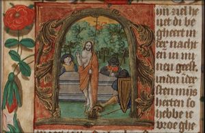 The Resurrection: Christ stands in front of his tomb