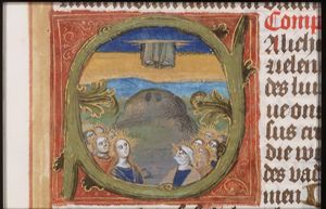 The Ascension: Christ ascends into heaven above Mary and the apostles, leaving his footprints on the Mount of Olives